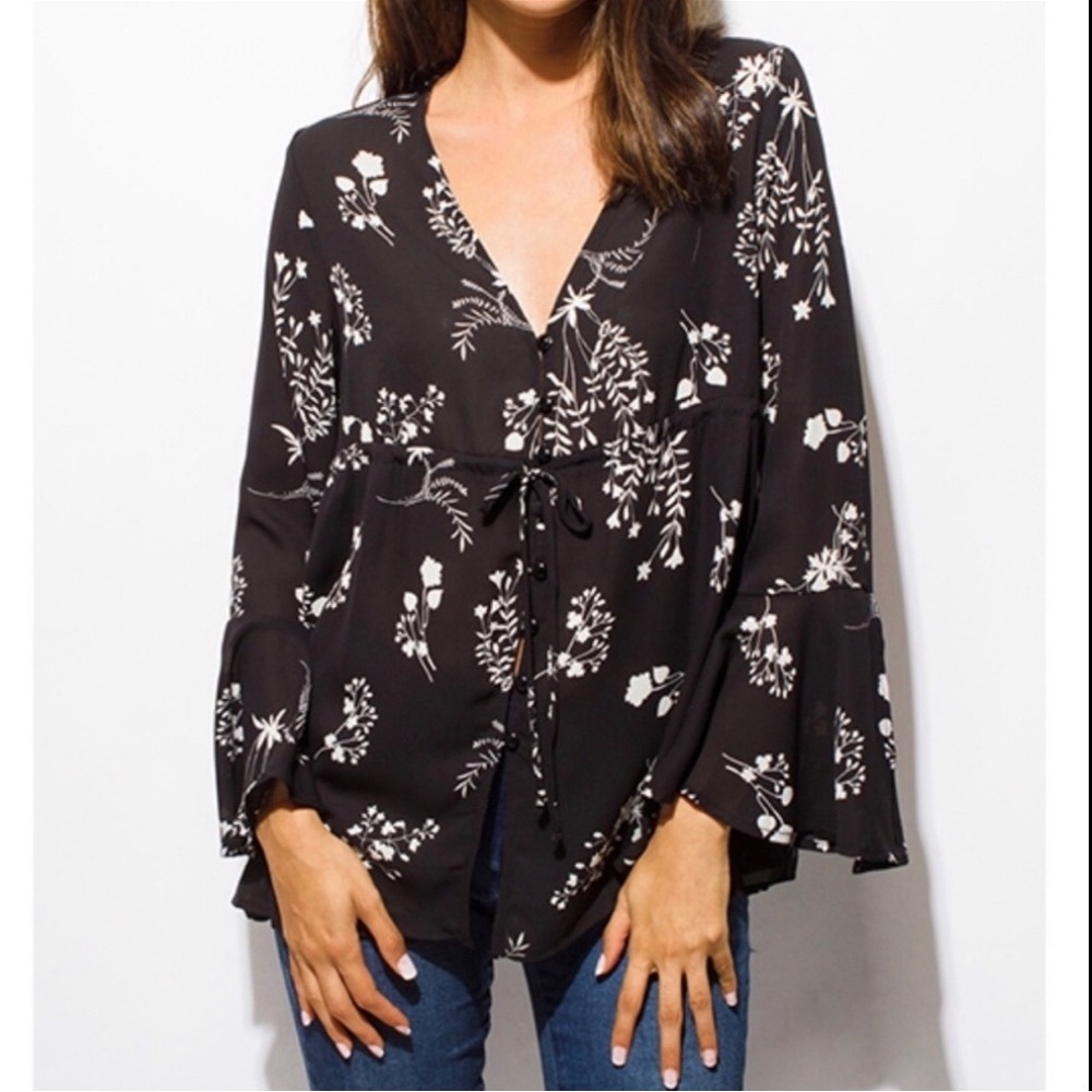 Lightweight transitional floral button up Top Blouse with fluted sleeves